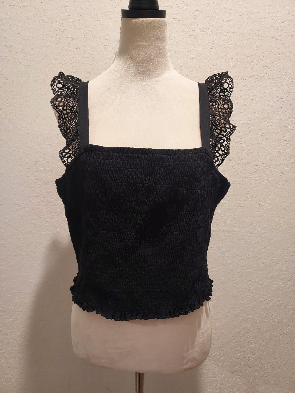 Express Black Smocked Camisole with Lace Flutter Straps